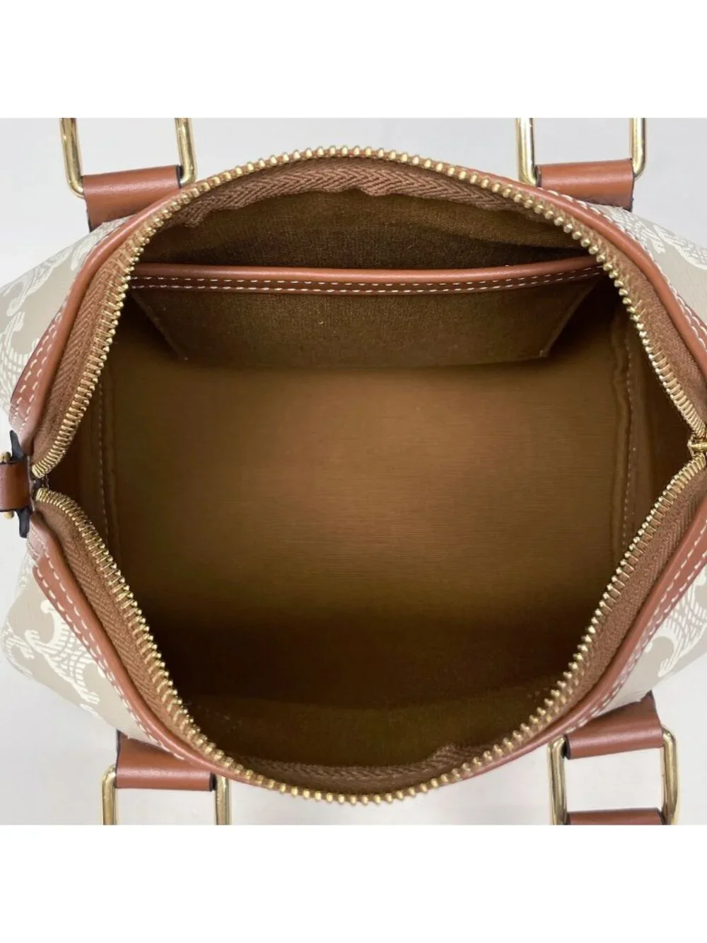 Celine Triomphe Small Boston Handbag 2-Way Beige Brown